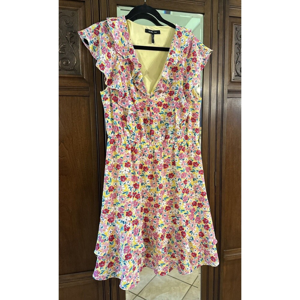 BCBG Paris Sleeveless Floral Mini Dress Size L Ruffles Yellow Pink Green